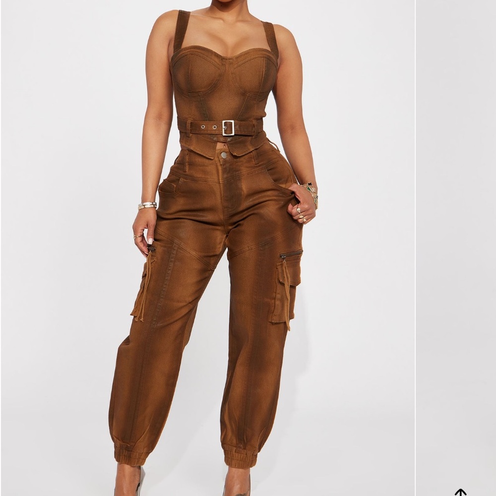 Top Priority Coated Cargo Denim matching set  - Brown